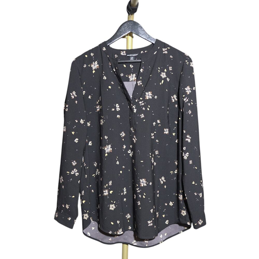 Hilary Radley Floral Blouse Black Gold V-Neck Long Sleeve Button Dark Academia L